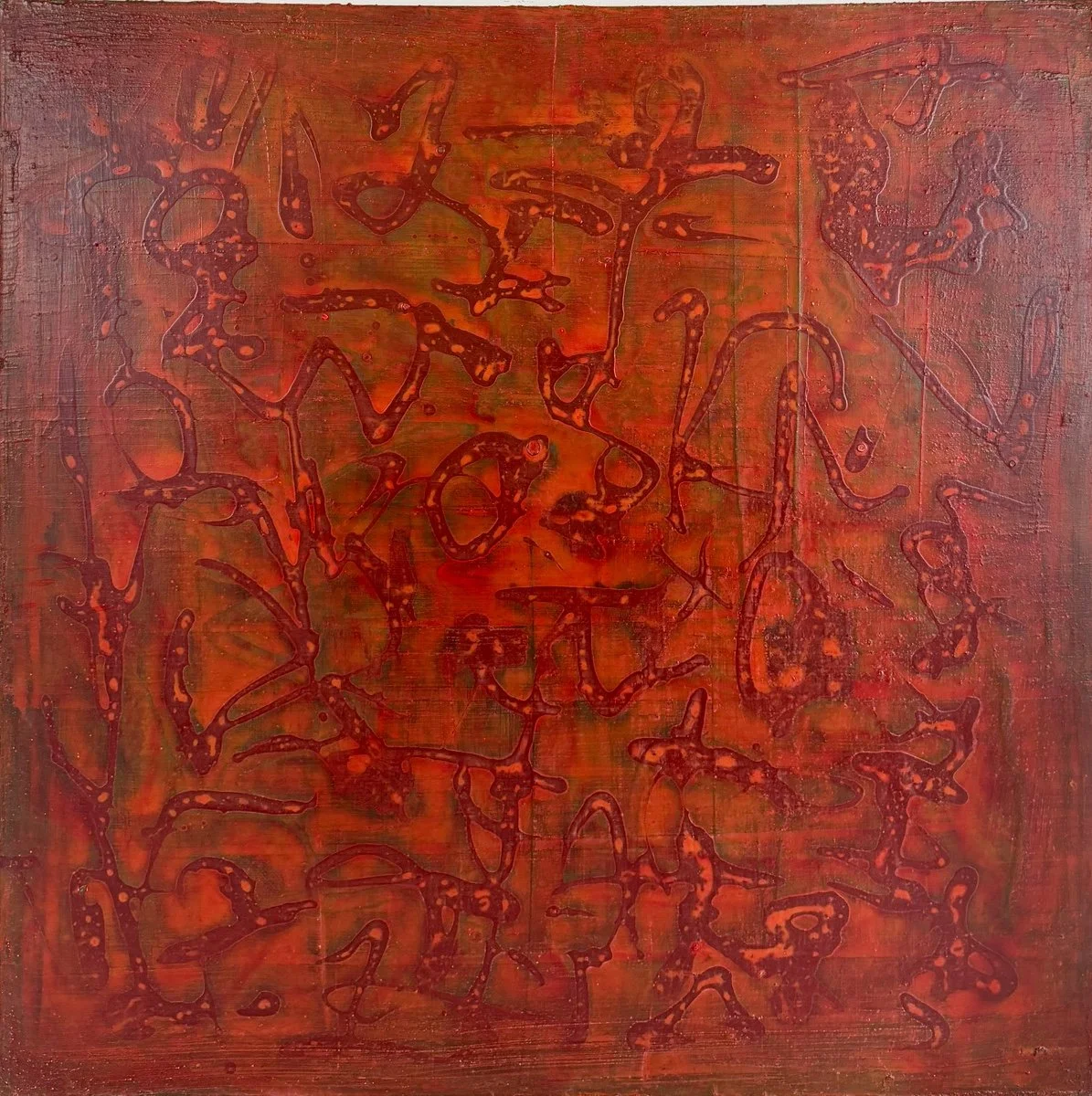 Susan Coley Myth and Song, abstract acrylic painting in red with free style lines
