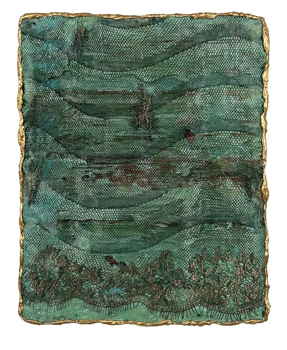 Natasha Zupan - Afterglow #64, mixed media collage with gold, fabric, lacy patterns and thick texture