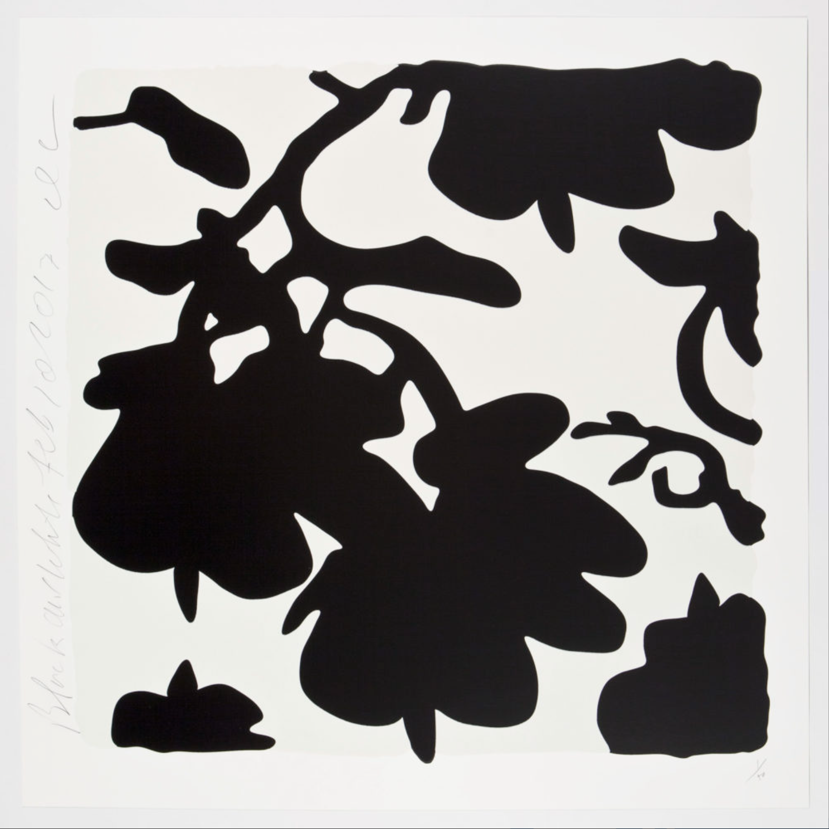 Donald Sultan BLACK AND WHITE LANTERN FLOWERS, FEB 10, 2017, color silkscreen print of black lantern flowers on white