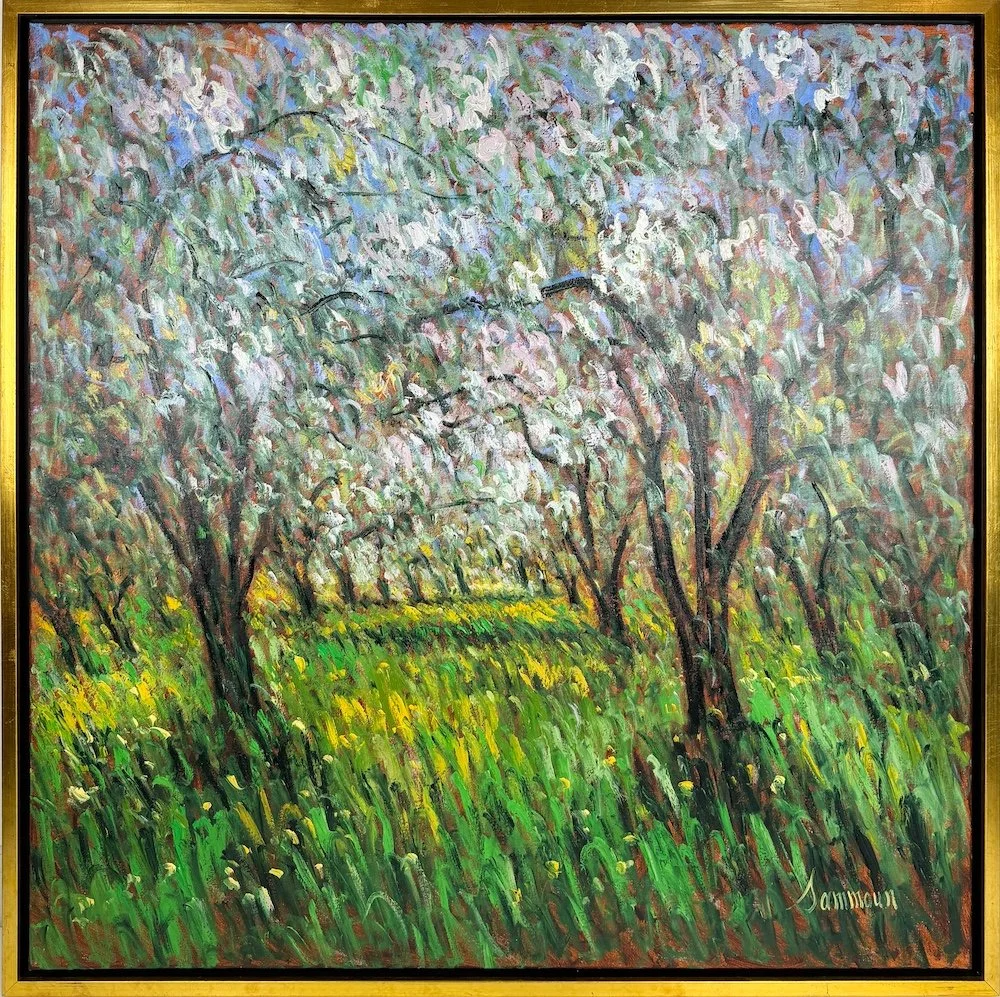 Samir Sammoun  Verger en Fleurs, St-Hilaire, framed impressionist oil painting of blossoming trees in a green field