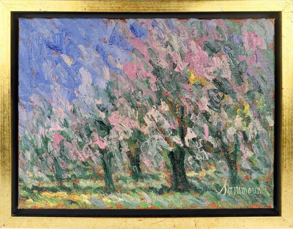 Samir Sammoun  Cherry Blossom, framed, impressionist oil painting of pink cherry blossom trees in a field
