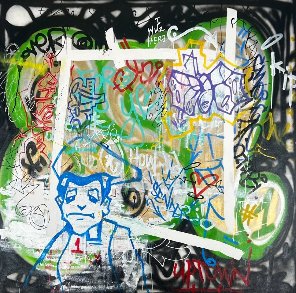 SEN-1 How Did I Get Here?, abstract graffiti painting with black border and colorful center with figures and writing