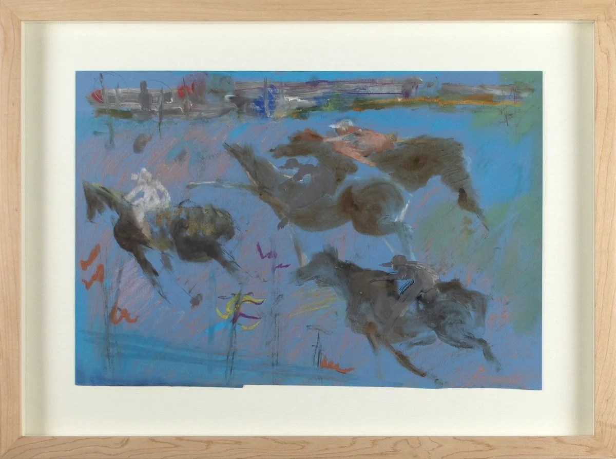 Stanley Boxer Untitled Figure Study (263D-61) framed, mixed media work on bright blue paper abstract figure study of jockeys and race horses