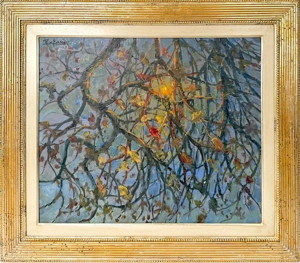Bruno Zupan, Autumn Leaves, framed impressionist oil painting of a golden red sunset behind autumn tree leaves