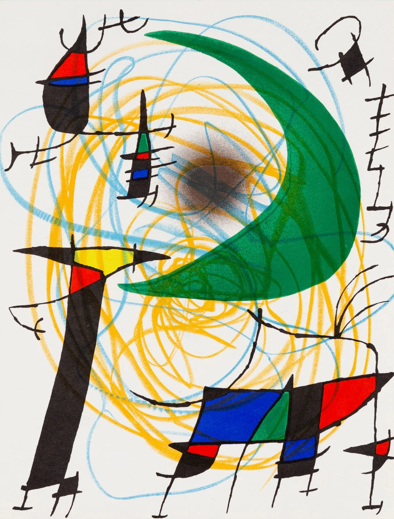 Joan miro, untitled the green moon, abstract surrealist composition with a big green crescent moon and forms in black, red, yellow, and blue, swirls of yellow and blue