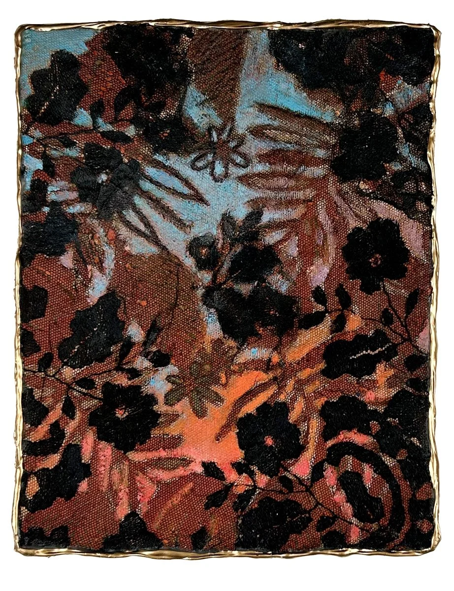 Natasha Zupan - Afterglow #19, mixed media collage with fabric, floral patterns