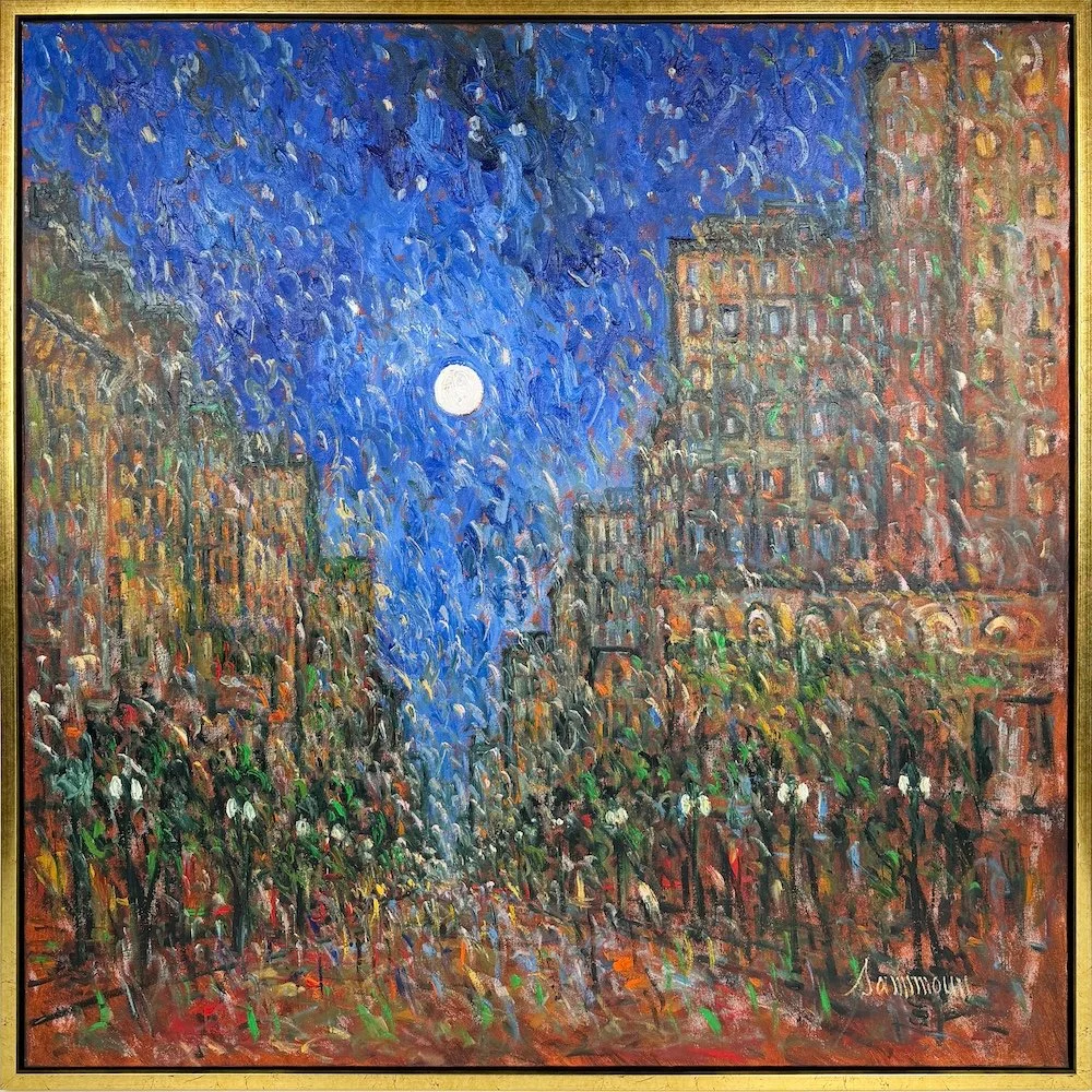 Samir Sammoun  Full Moon on Boylston Street, Boston, framed, impressionist oil painting of Boylston street in Boston at night with a full moon in the sky