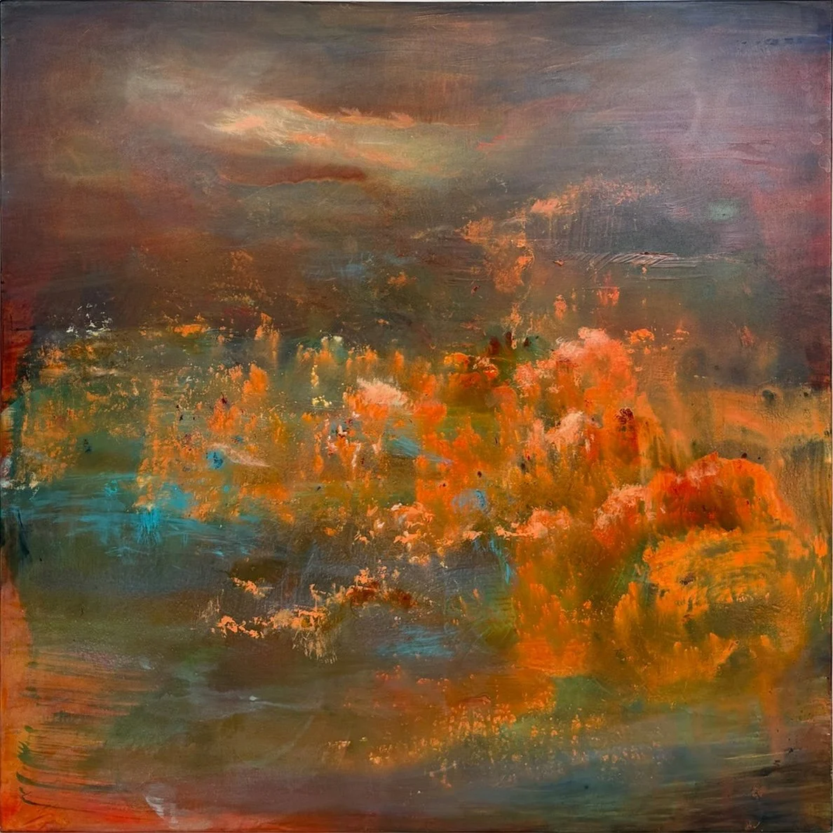 Kathy Buist  First Light, abstract painting with rusty orange colors and teal accent