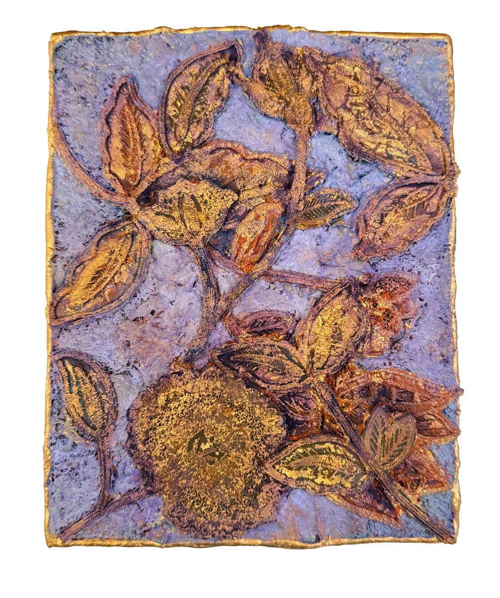 Natasha Zupan - Afterglow #50, mixed media collage with gold, fabric, floral patterns and thick texture