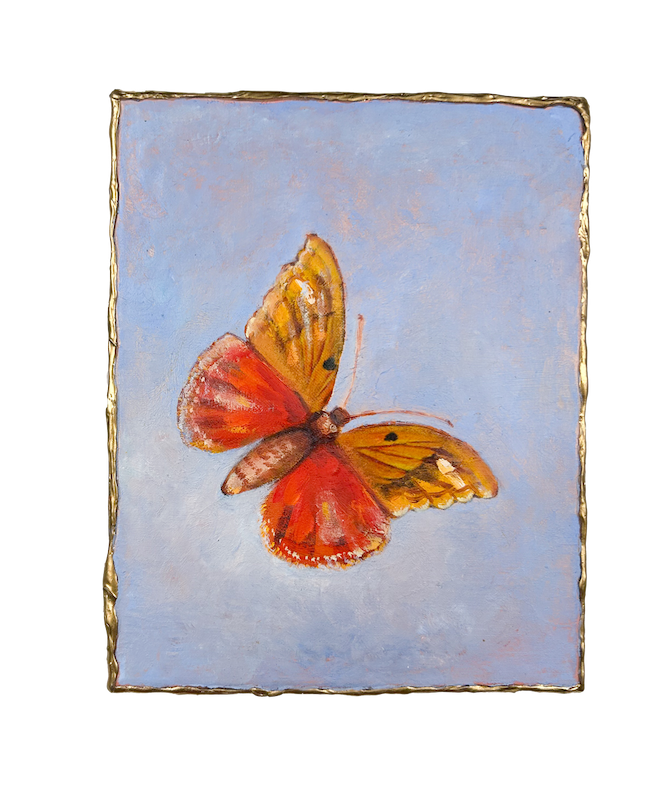 Natasha Zupan - Afterglow #74, mixed media collage with gold, fabric, floral patterns and thick texture, pale blue sky background with one large butterfly in orange yellow
