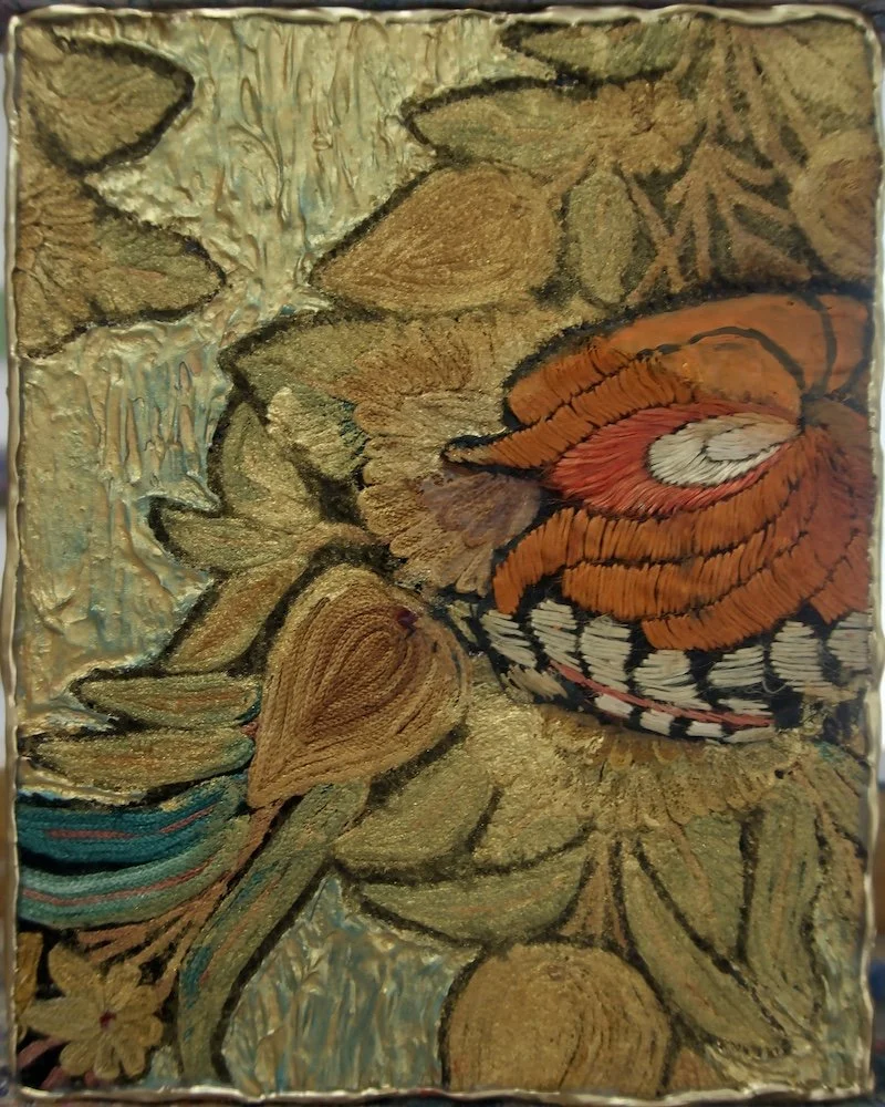 Natasha Zupan - Afterglow #34, mixed media collage with fabric, floral patterns and thick textured paint mostly in gold