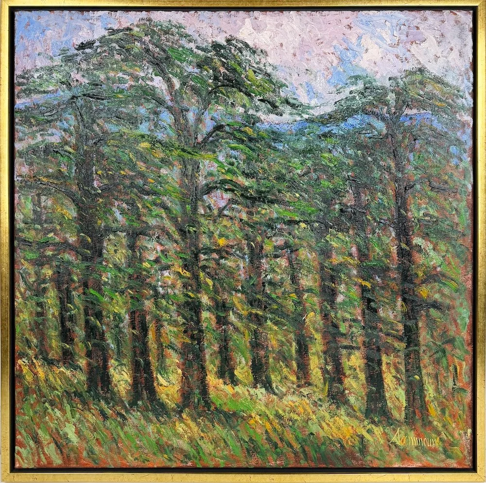 Samir Sammoun  Le Cèdre, framed, impressionist oil painting of large cedar trees on a grassy hill