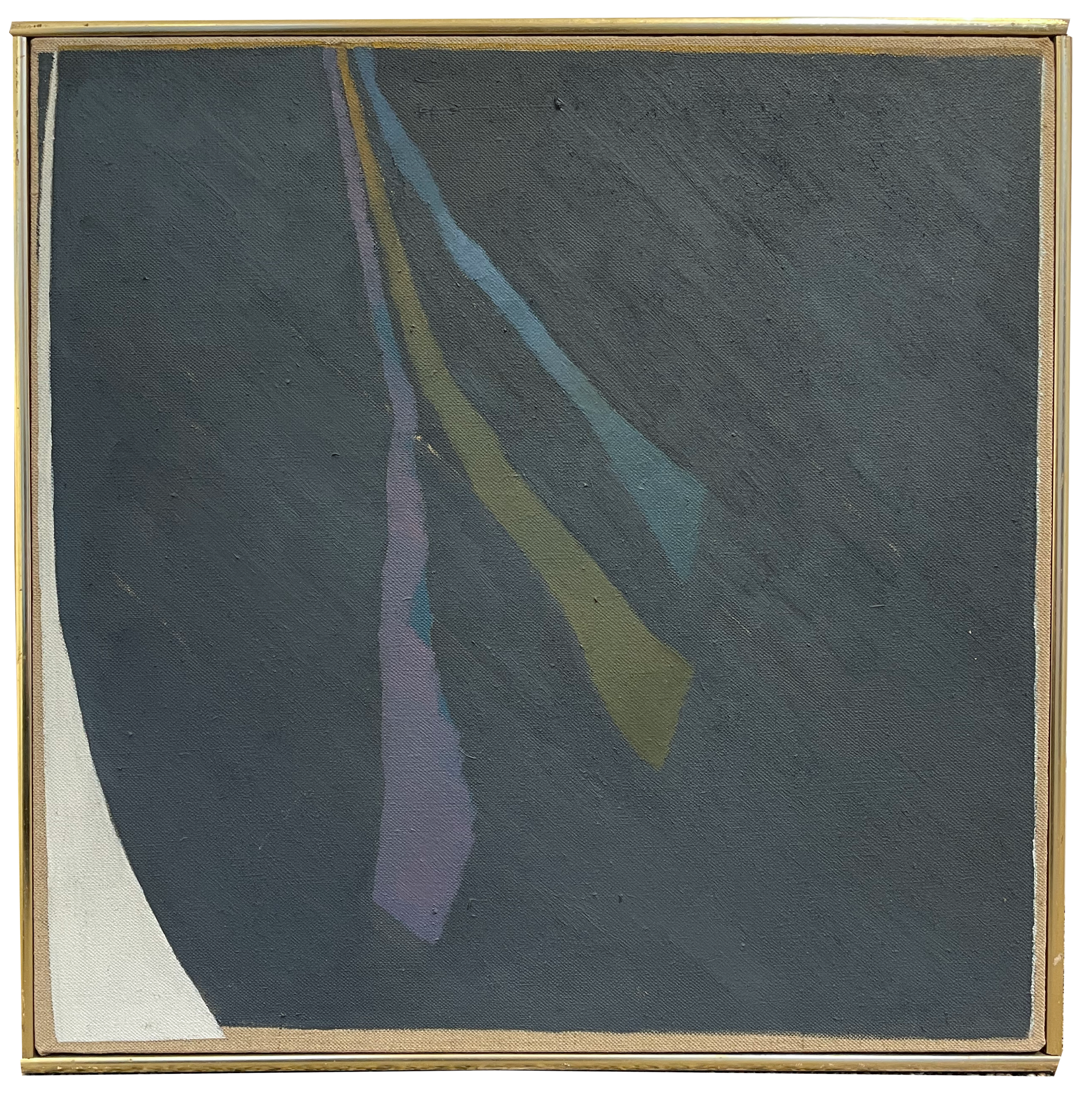 Stanley Boxer abstract painting in dark gray with strips of color in purple, blue, cream white and olive green