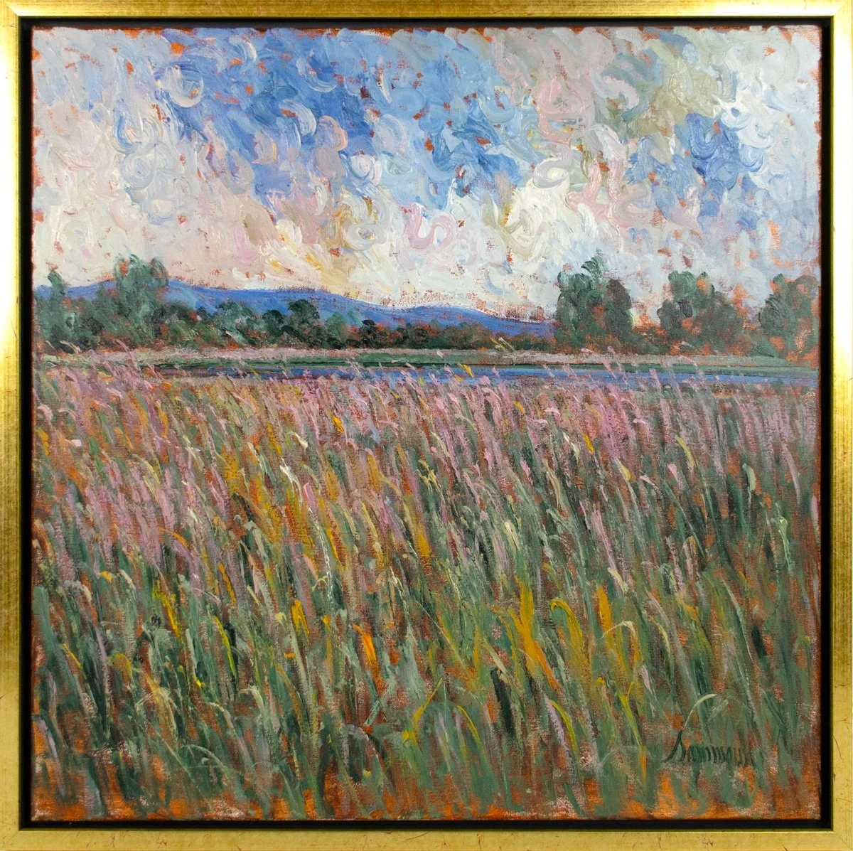 Samir Sammoun Champ de lupin au bord du Saint-Laurent, impressionist landscape, field of green, yellow and pink in front of a pond, trees and hills in th distance, soft cloudy sky above