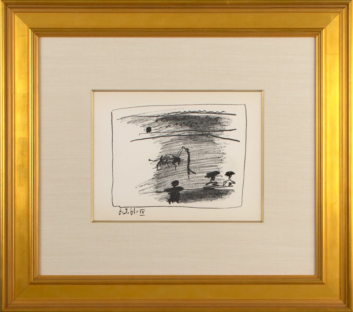 Pablo Picasso The Banderillas, gesural black and white lithograph of a bull fight in stadium