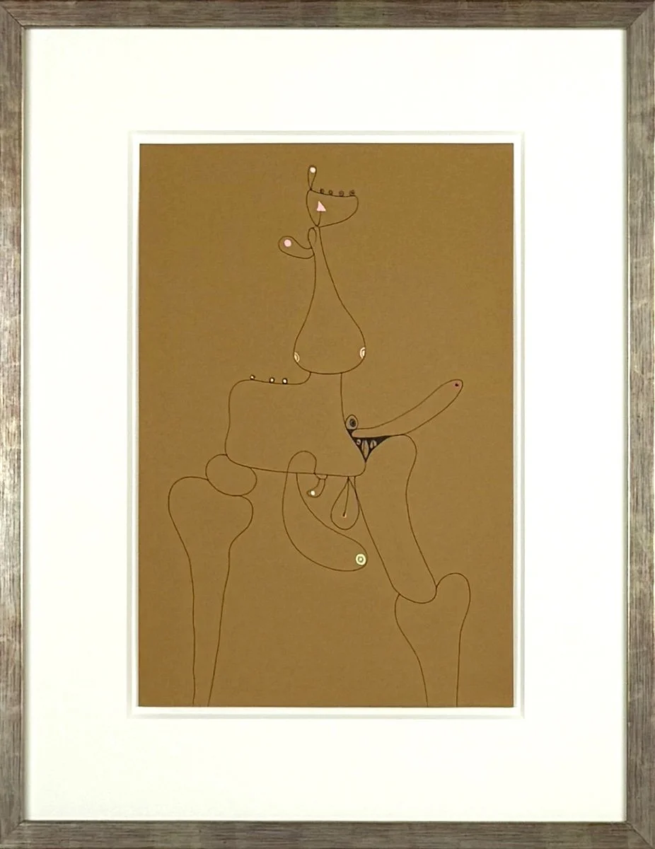 framed black line drawing on brown paper