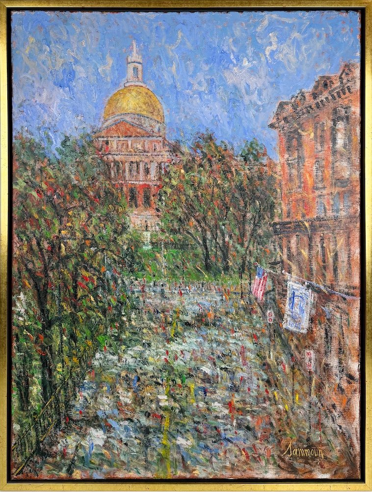 Samir Sammoun  The Golden Dome II, Boston, framed, impressionist oil painting of a Boston street looking towards the golden dome of the State House