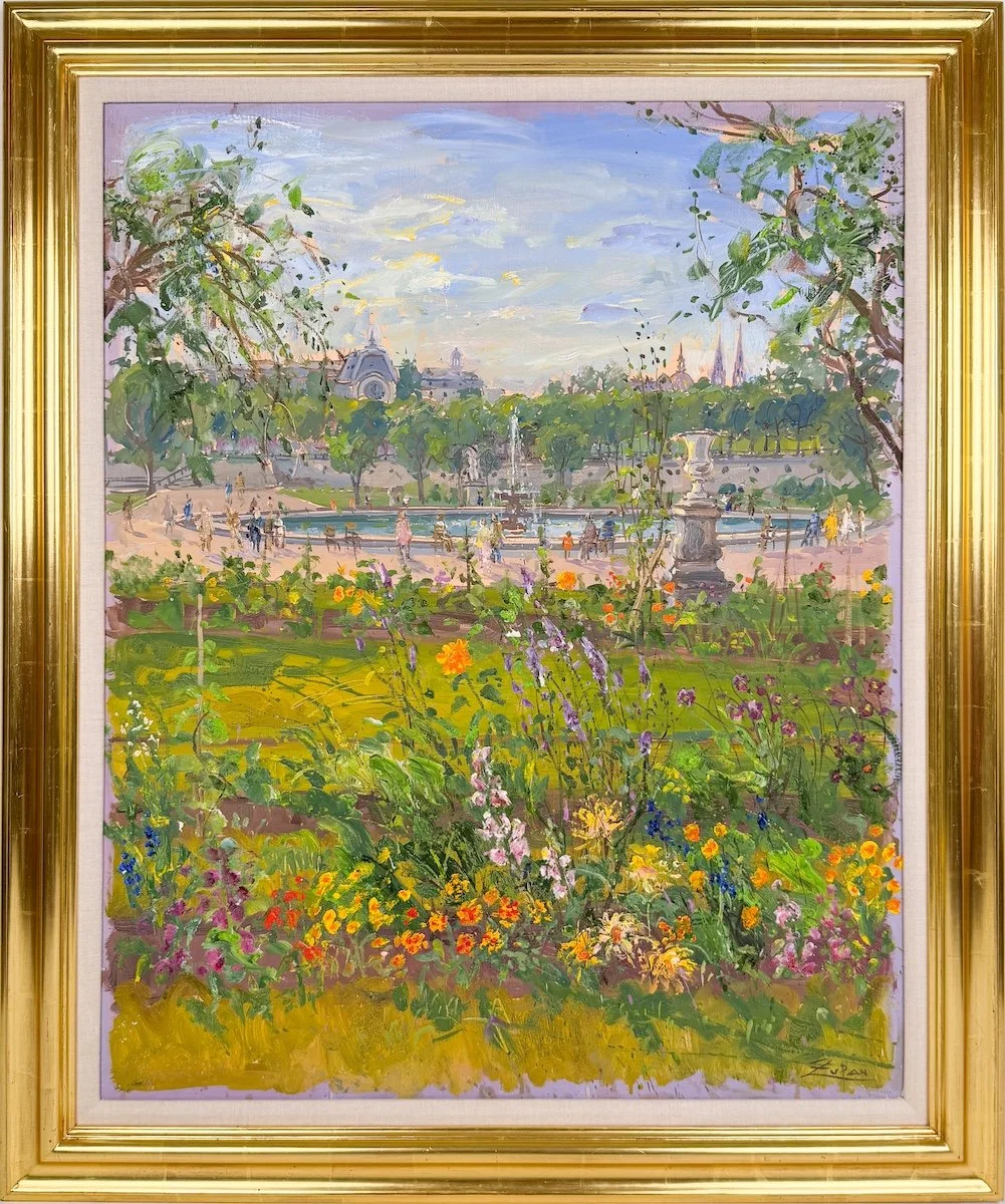Bruno Zupan Paris - Tuileries Garden, impressionist oil painting of a public garden in Paris with fountains
