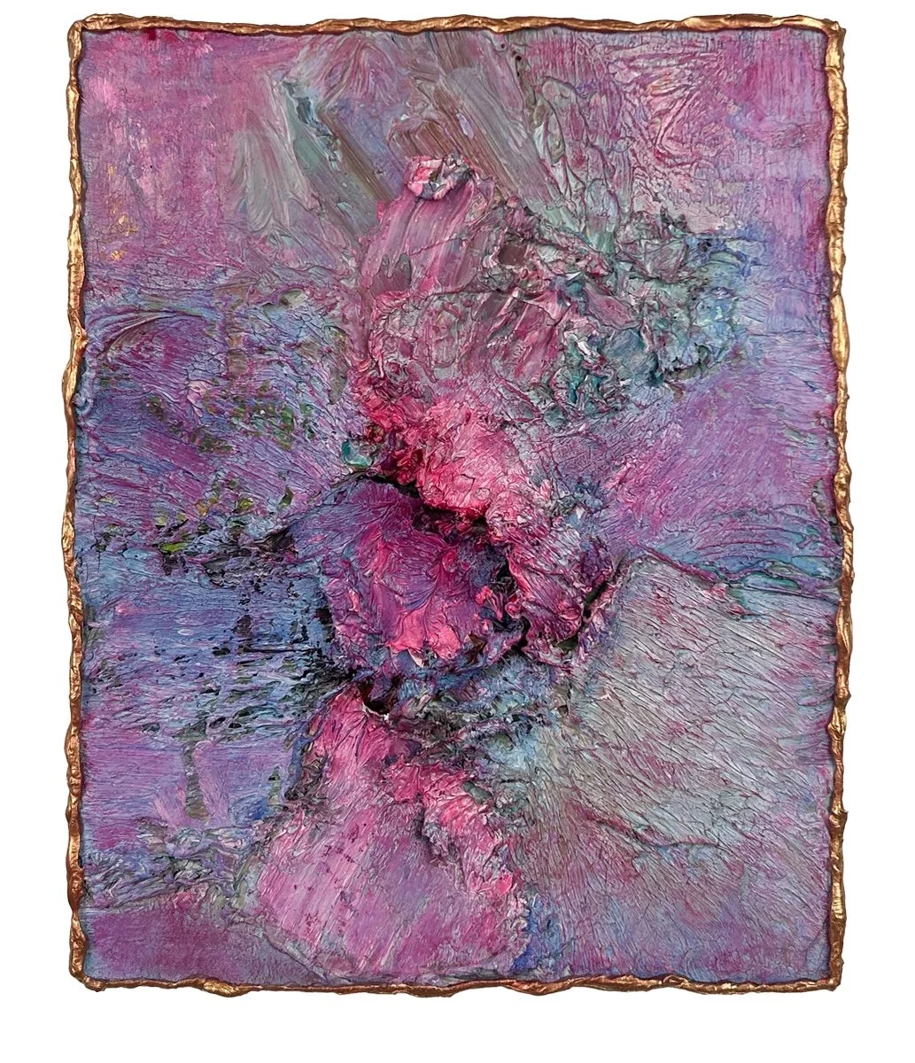 Natasha Zupan - Afterglow #58, mixed media collage with purple pink and blue thick texture paint