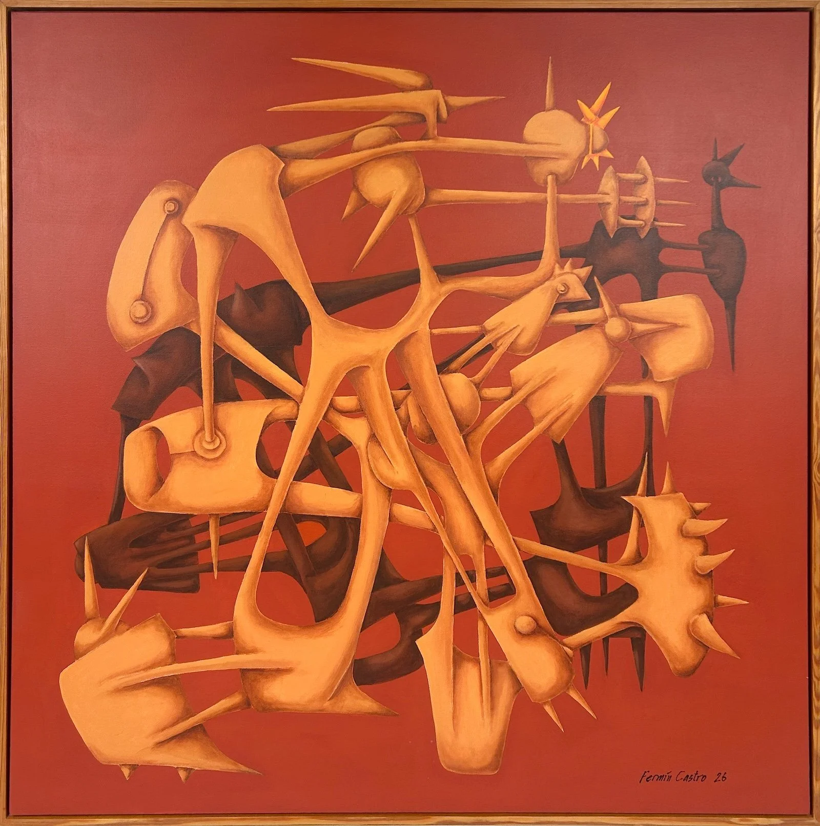 Fermin Castro  Musa Criolla, Abstract composition of interconnected, spiky organic forms in warm orange and brown tones against a dark reddish-brown background.