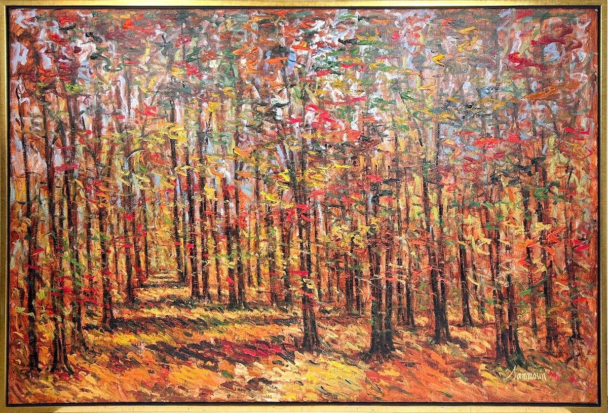 Samir Sammoun  Walking with Giants, impressionist style oil painting of a forest in autumn with orange yellow and red leaves