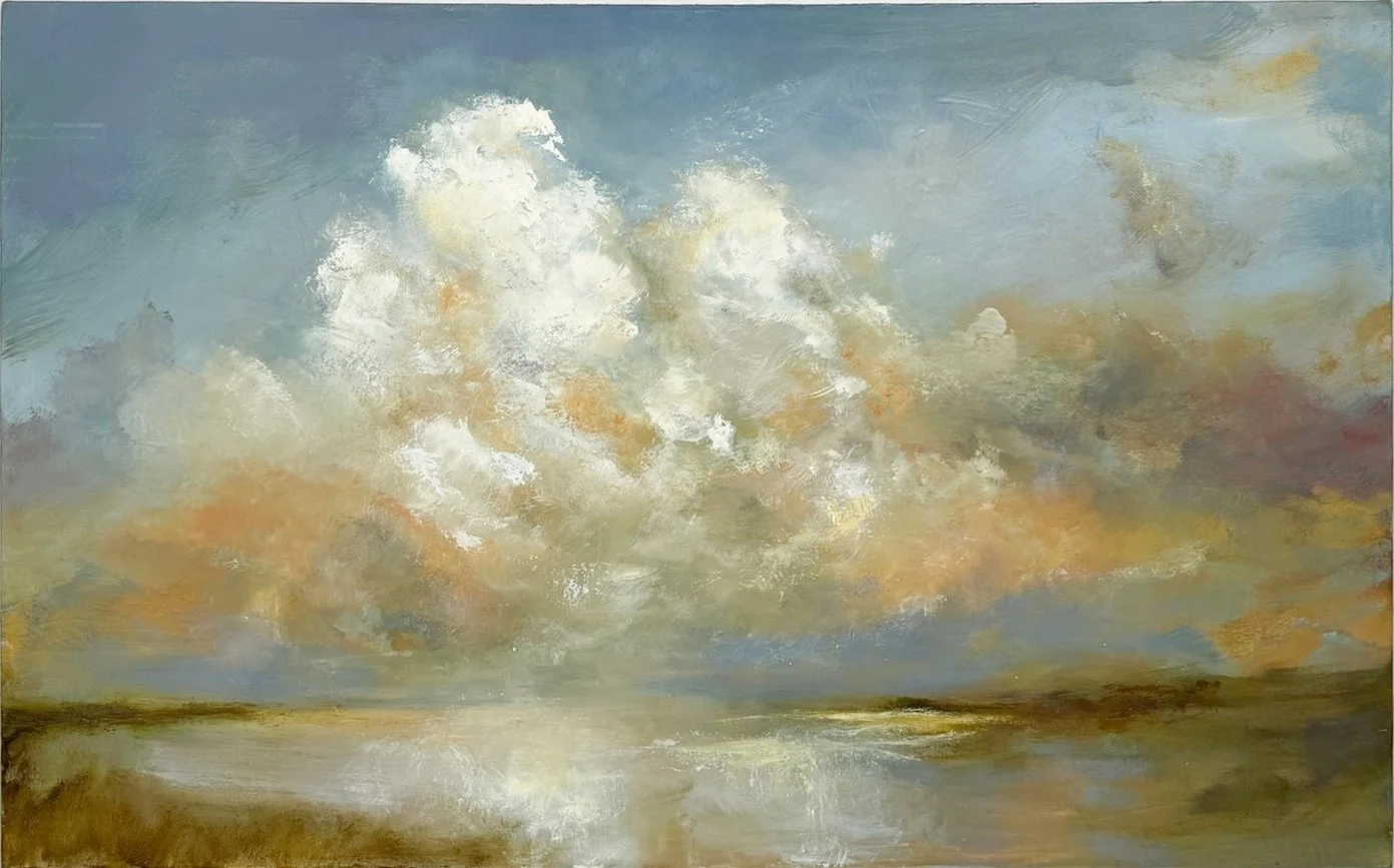 Kathy Buist  Currents of Gold, abstract landscape painting of water and shore line with large clouds