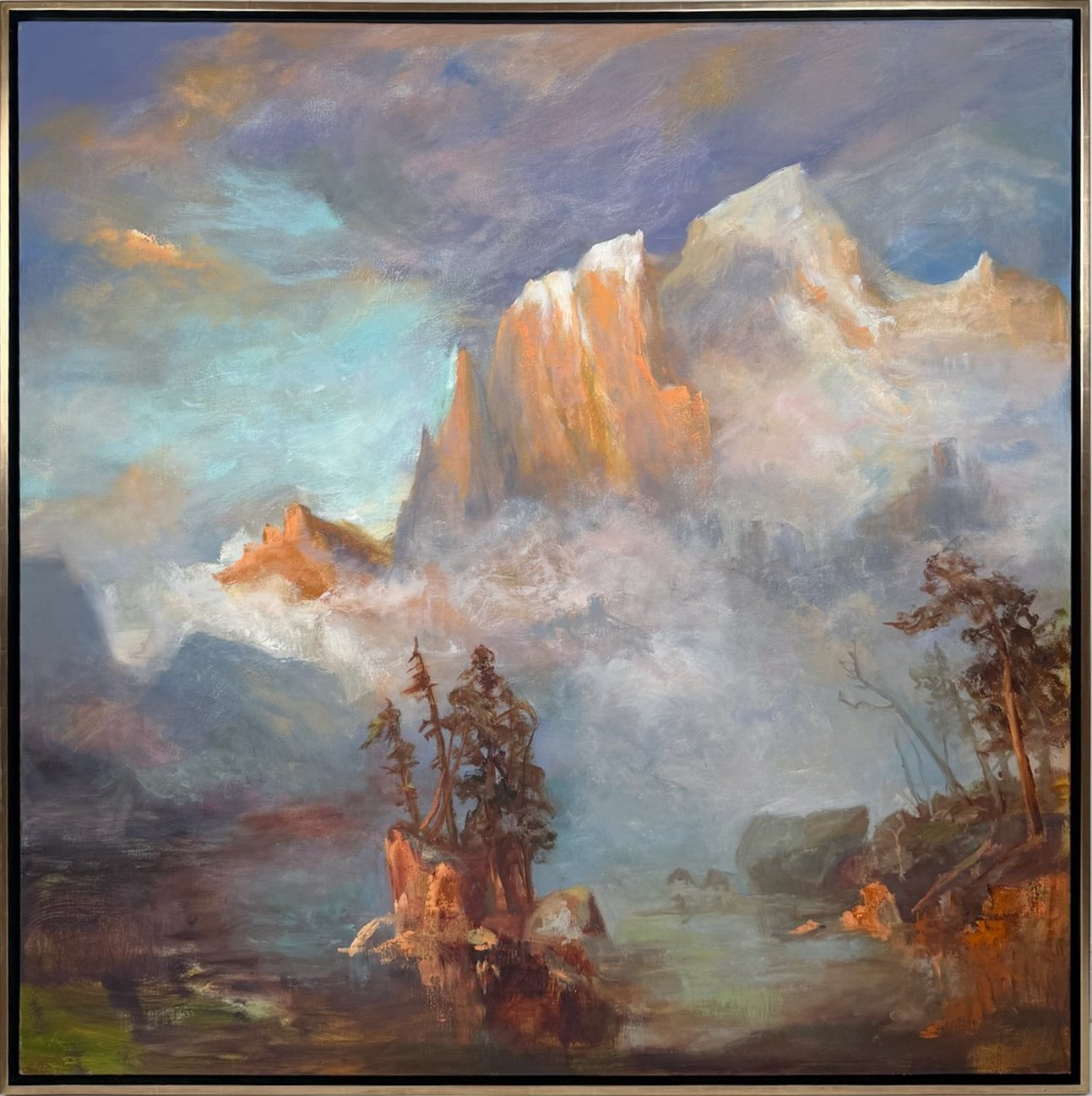 Kathy Buist  Rocky Mountains after Albert Bierstadt, oil landscape painting of rocky mountains in mist