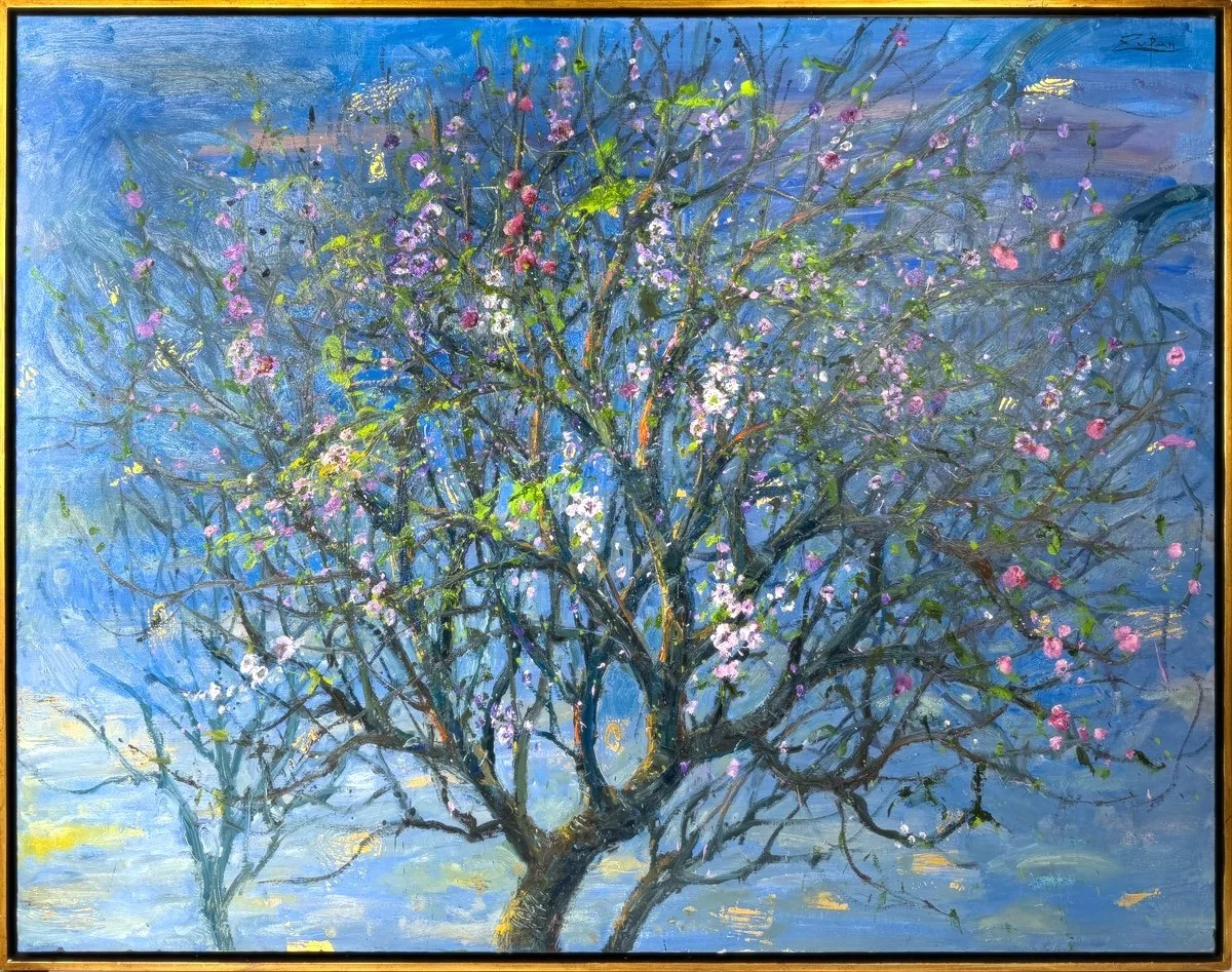 Bruno Zupan Almond Blossoms, framed impressionist oil painting of a full almond tree with blossoms and blue cloudy sky