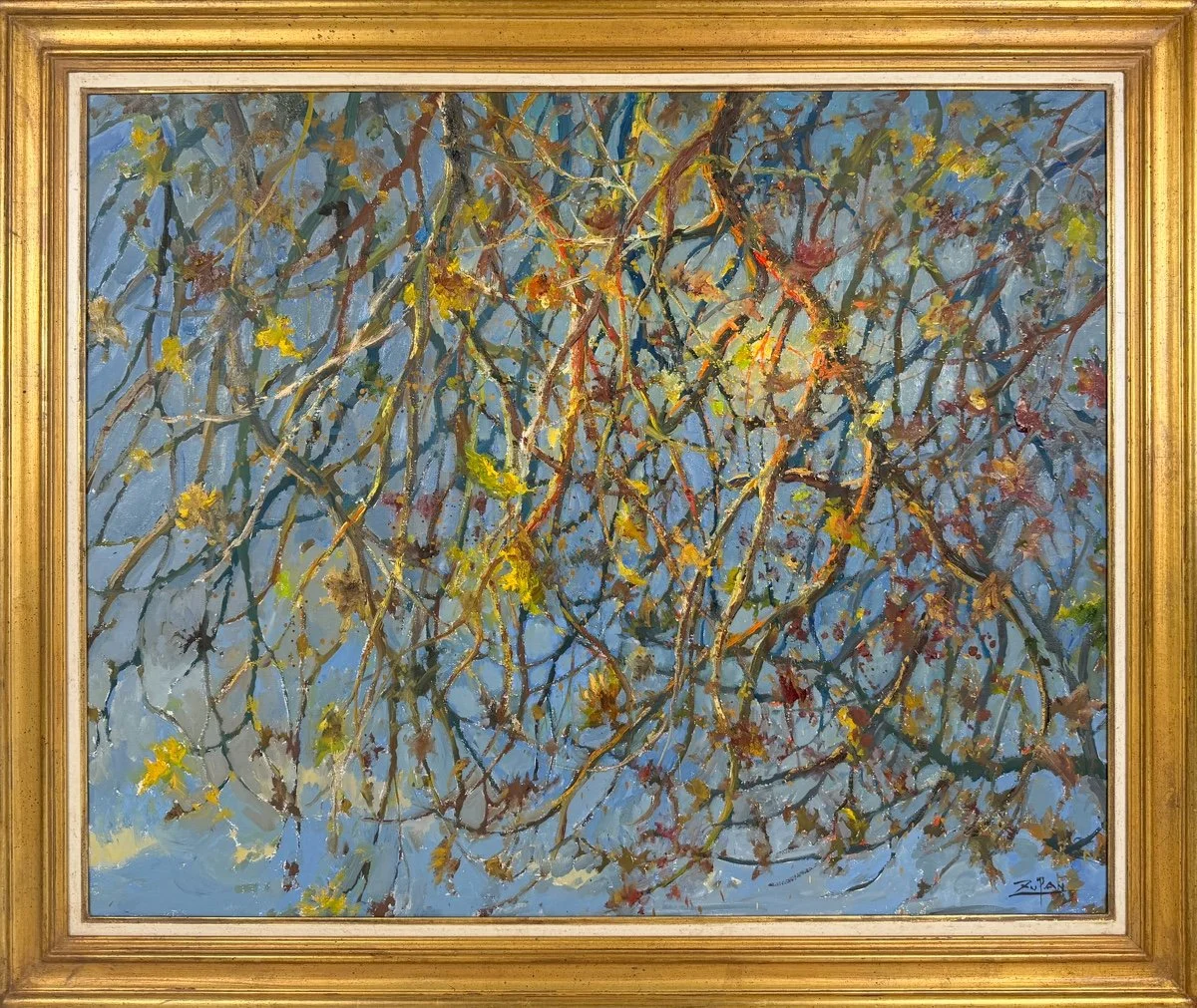 Bruno Zupan Autumn Branches, Autumn Sunset, framed impressionist oil painting of branches of an tree in autumn during a sunset