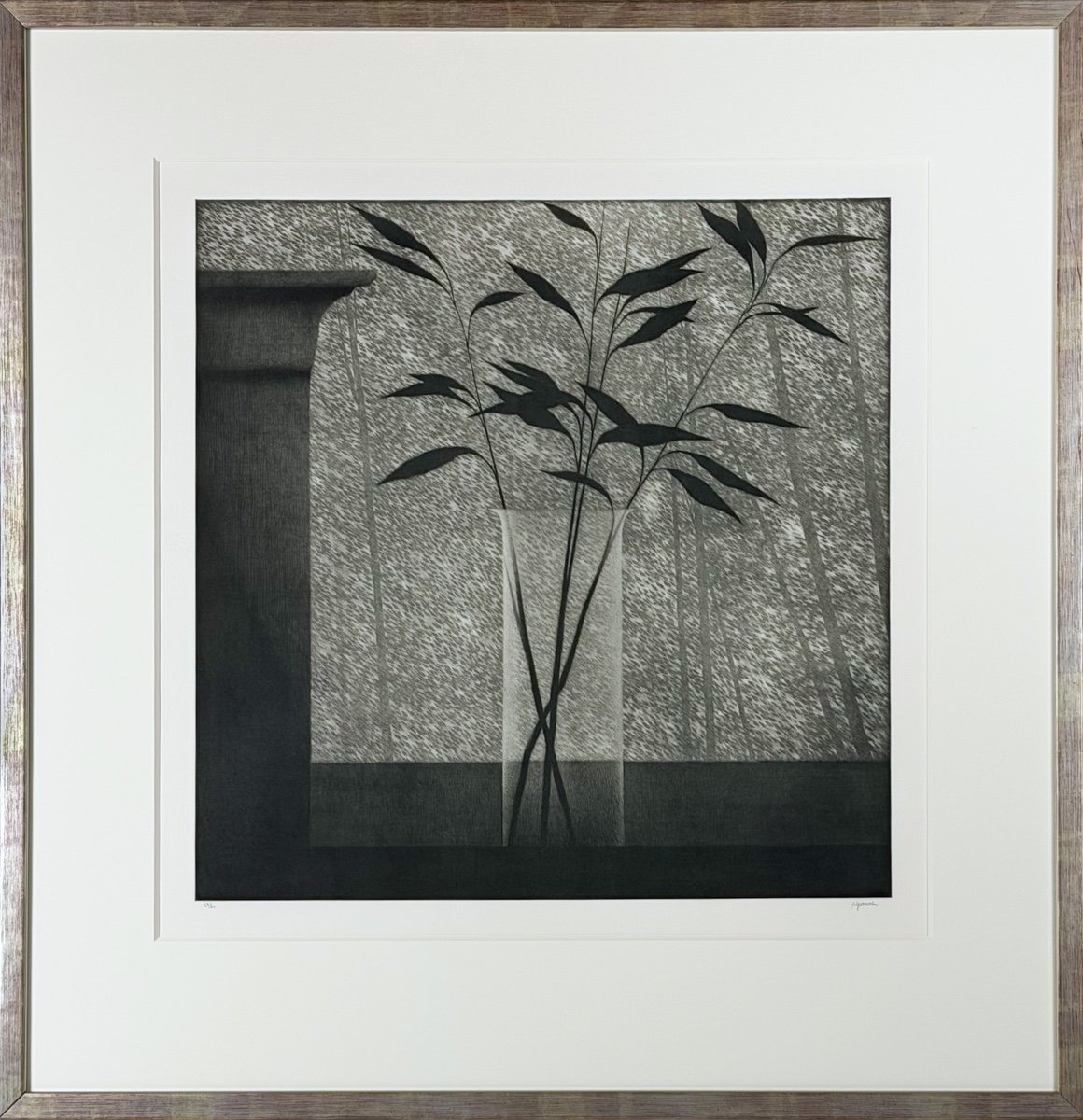Robert Kipniss Window w/ vase & forest,leafy branches in a glass vase set on a sill with leafy trees in the distance