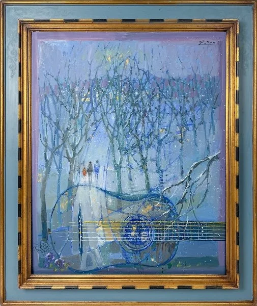 Bruno Zupan My Father's Guitar, framed impressionist oil painting in blue and purple snowy forest scene with a small family walking on path and a guitar abstracted in front of scene