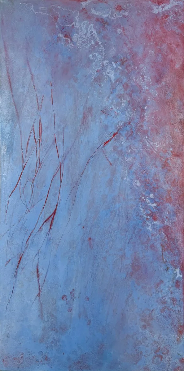Kobayashi Lost City - abstract atmospheric oil painting in shades of light blue and magenta