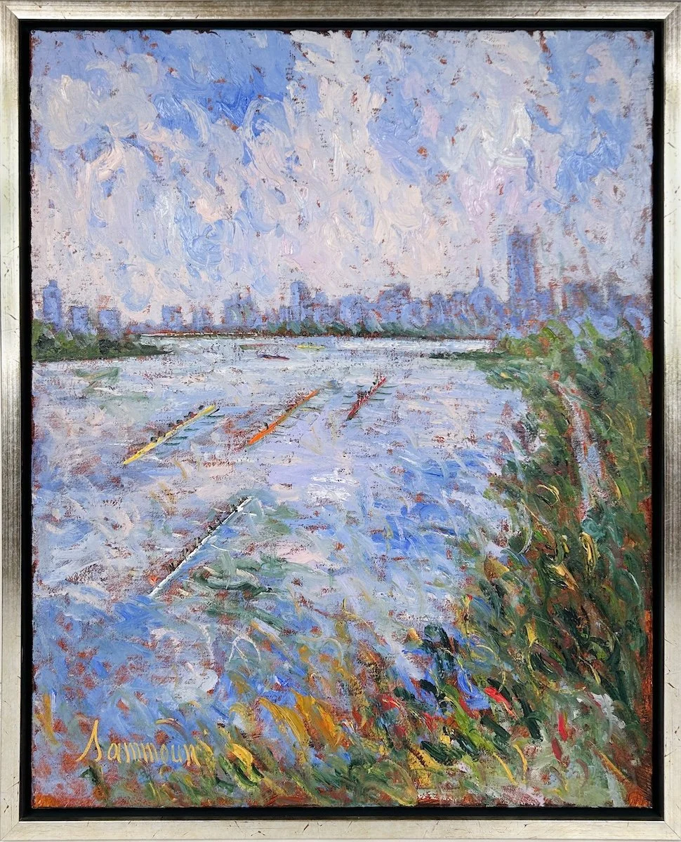 Samir Sammoun  Head of the Charles, Boston, impressionist oil painting of rowers on the charles river with boston skyline