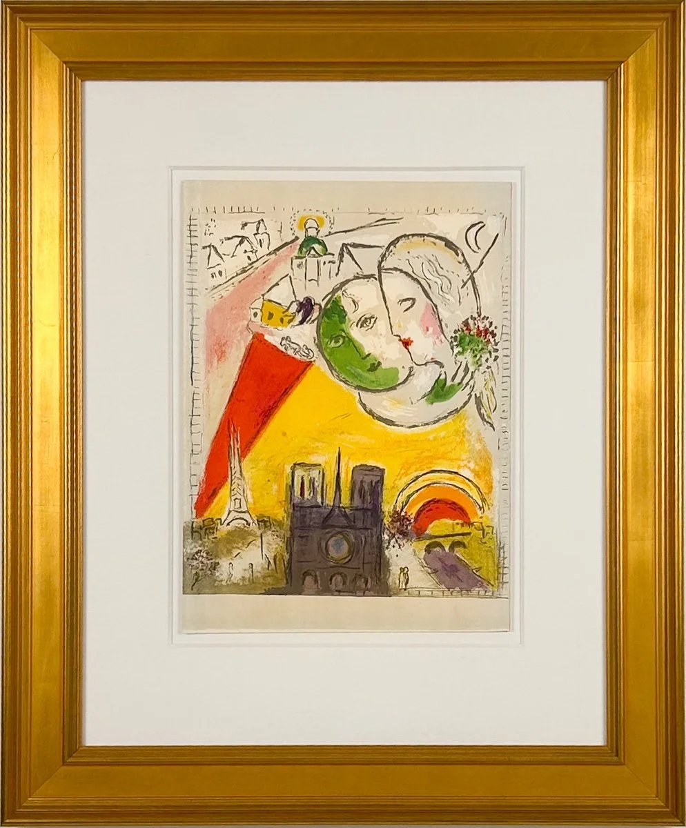 Marc Chagall On Sundays, green and white heads floating above paris, purple notre dame, yellow sky red triangle