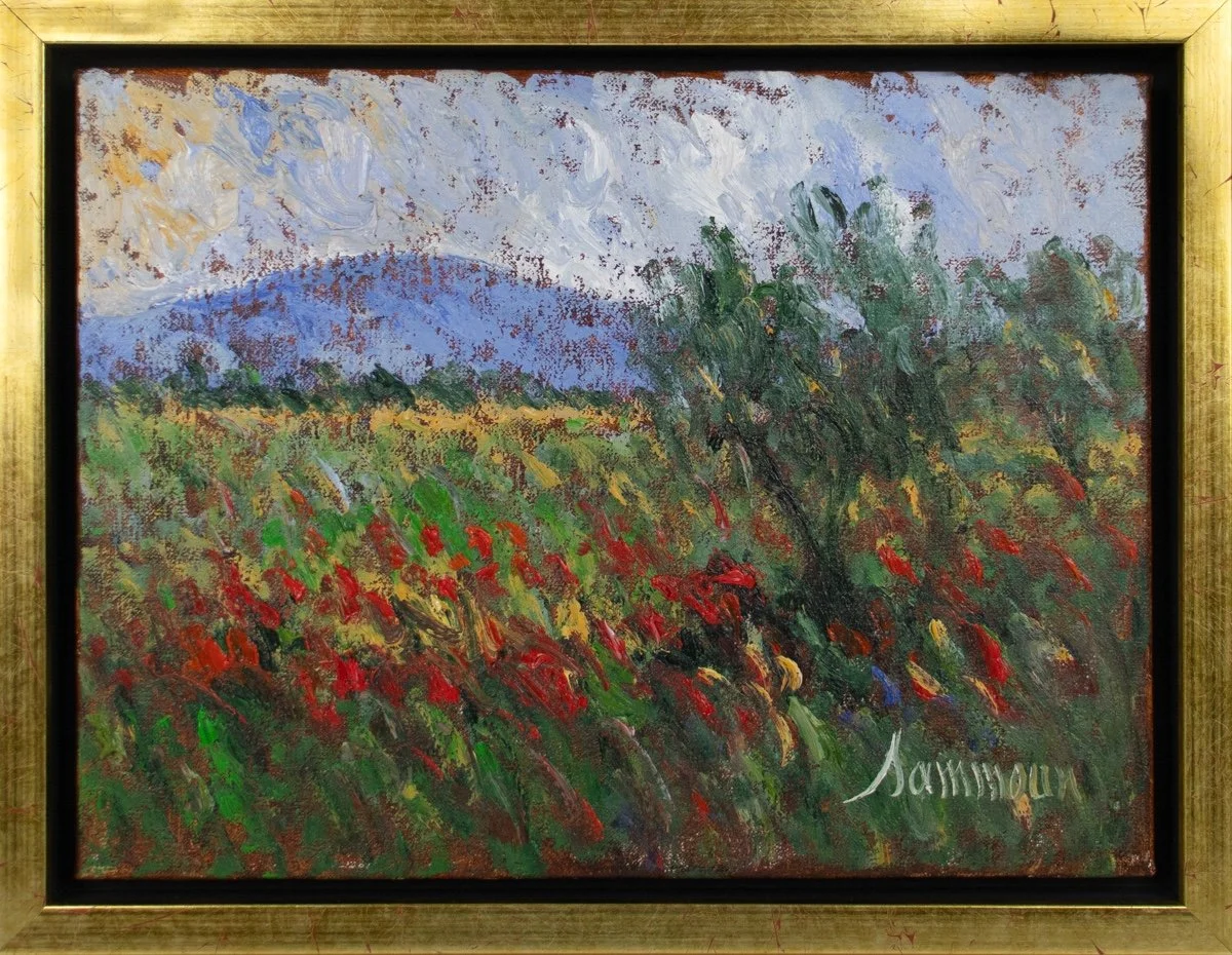 Samir Sammoun Poppies II. Coquelicots, impressionist landscape of a field of poppies with trees, rolling hills in distance, red, yellow, green, blue