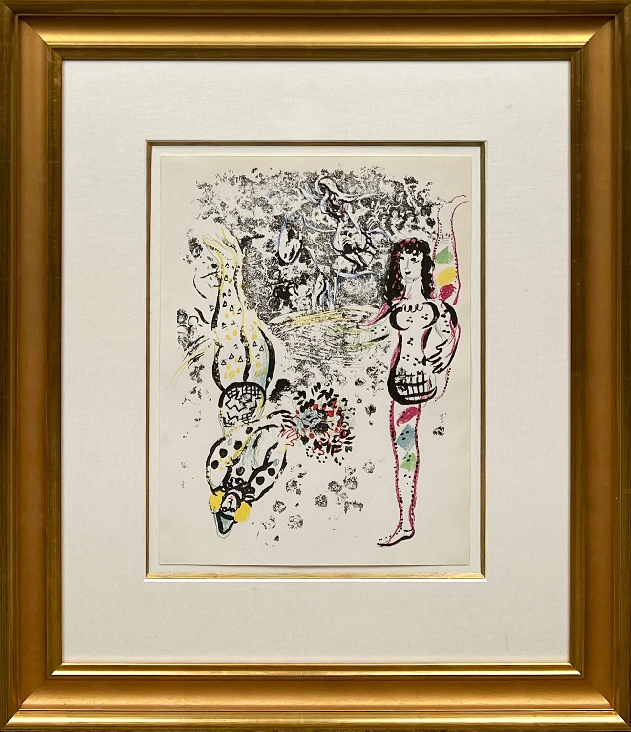 Marc Chagall Acrobats at Play, framed lithograph printed in multiple colors, circus series composition