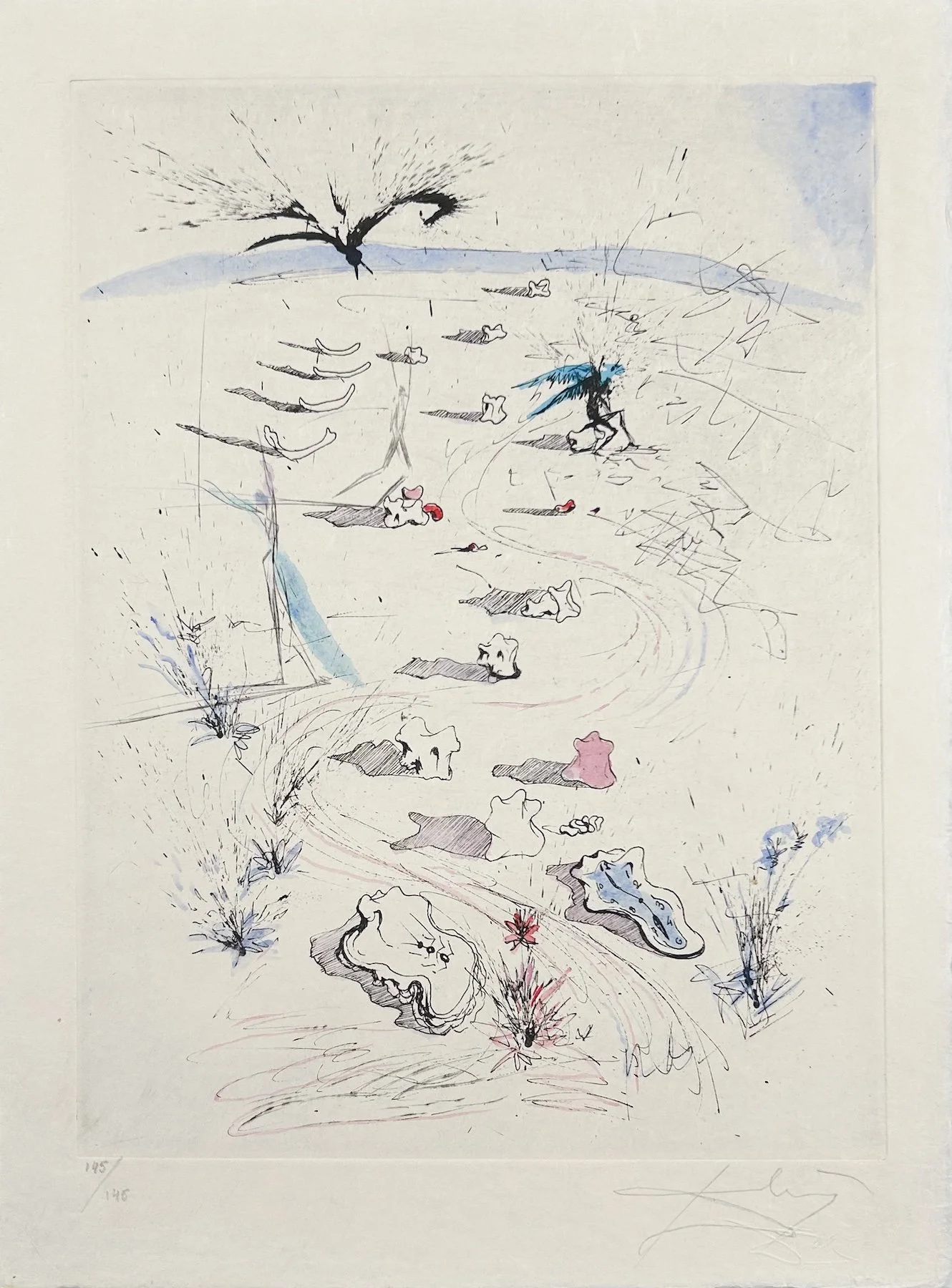 Salvador Dalí The Trenches, abstract drawings in a plain, melting clocks and demon figure, with pops of blues and pink