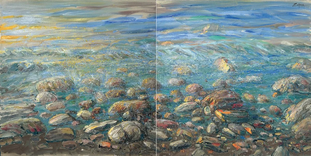 Bruno Zupan Wave on Rocky Coast, Mallorca, oil on canvas diptych painting of a impressionist scene of rocky coast of Mallorca spain