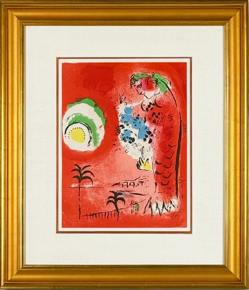 Marc Chagall The Bay of Angels, framed - lithograph in red with yellow green and blue, angel figure standing over a bay of water landscape