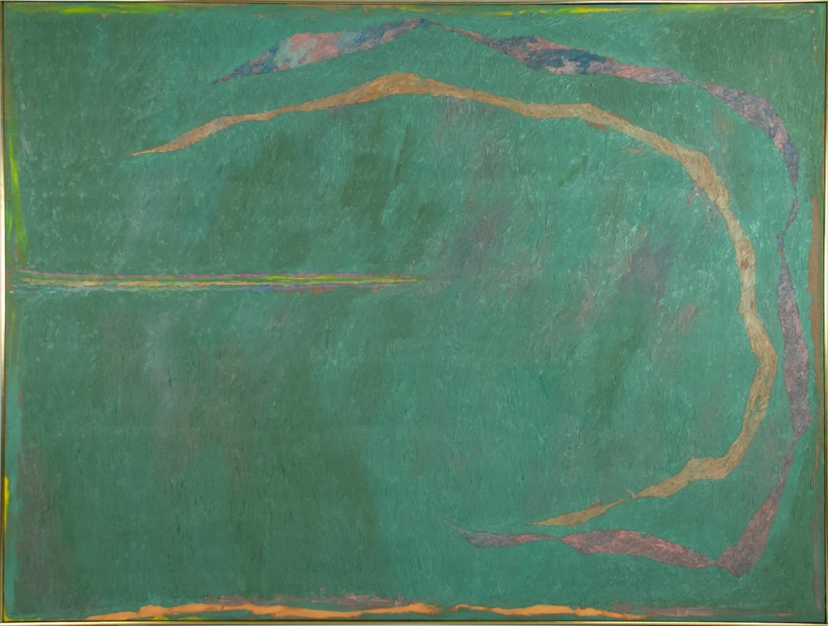 Stanley Boxer Saddawnveen, oil on linen, abstract painting in green with long streaks of colors, framed