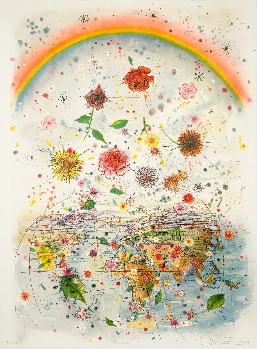 Bruno Zupan Peace, lithograph, rainbow over a world map with various kinds of flowers floating around