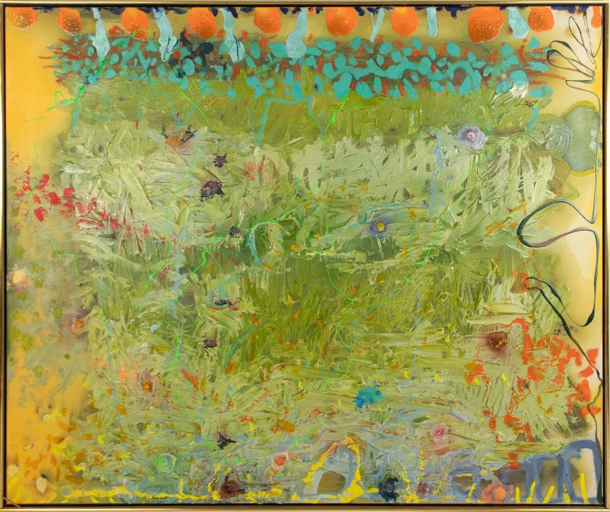 Abstract painting with yellow and gold hues, black wavy lines, and scattered small dots in various colors.