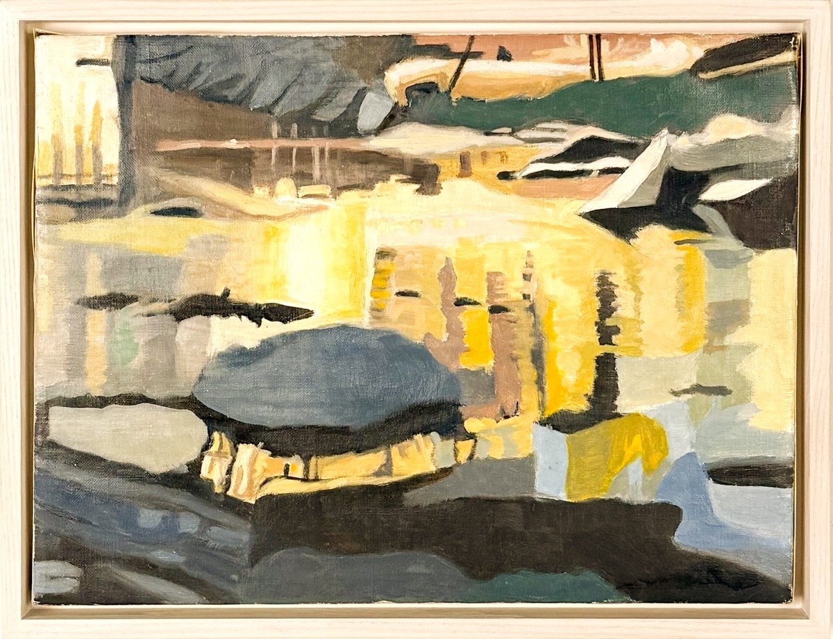 Ralph Wickiser Yellow Reflections, abstracted view of a river with rocks, reflections of trees and shadows, yellows, greens, white, grey, black, brown