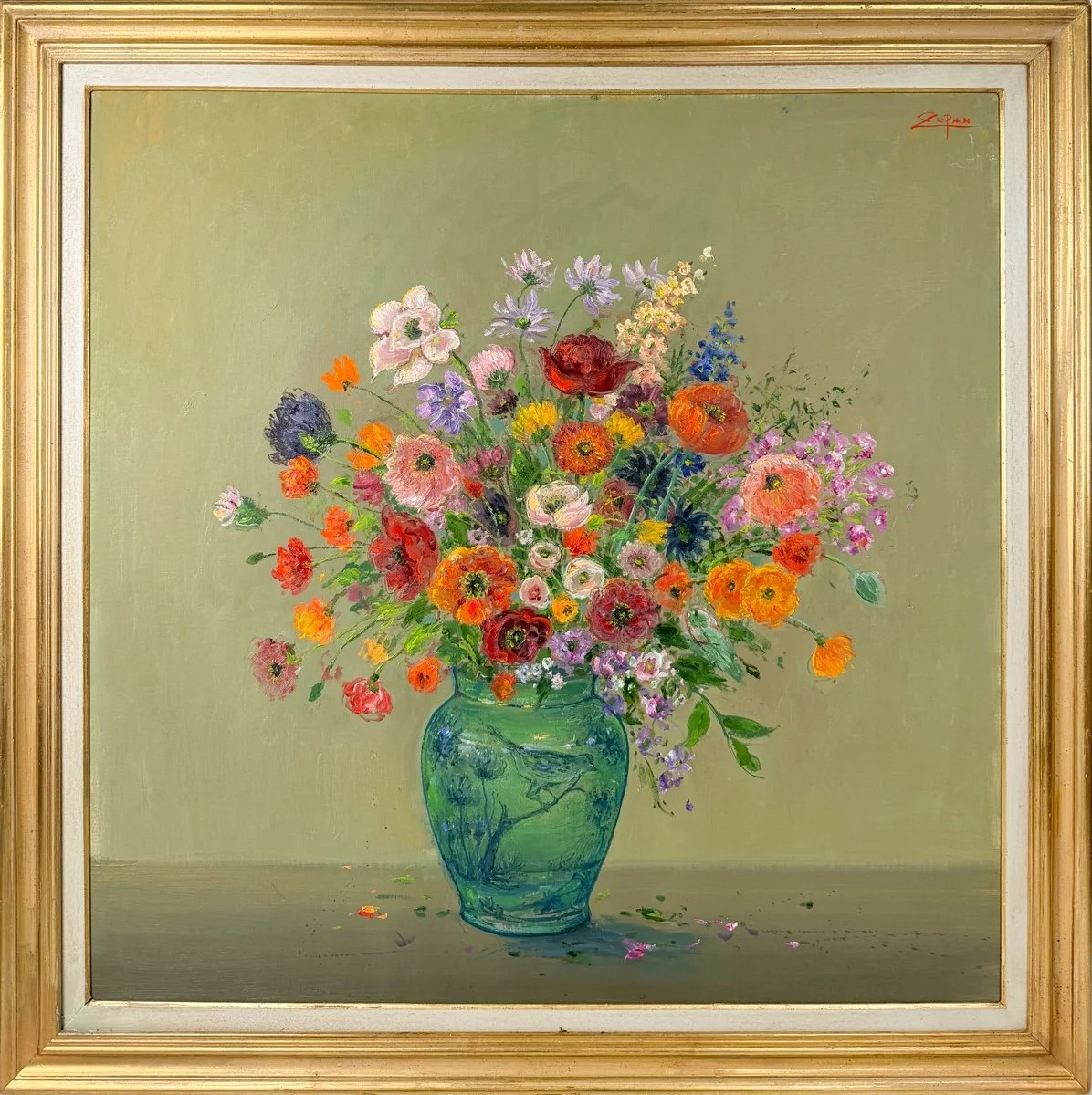 An impressionist oil painting of colorful bouquet in a china vase with green background