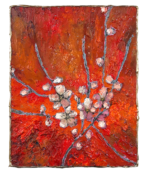 Natasha Zupan - Afterglow #26, mixed media collage with fabric, floral patterns and thick textured paint