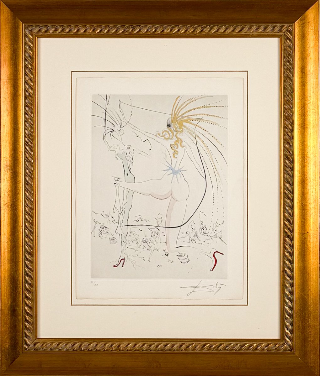 Salvador Dali, The Egrets, Framed - nude woman with long strands of hair in a kneeling position, in red high heels, next to a tall figure