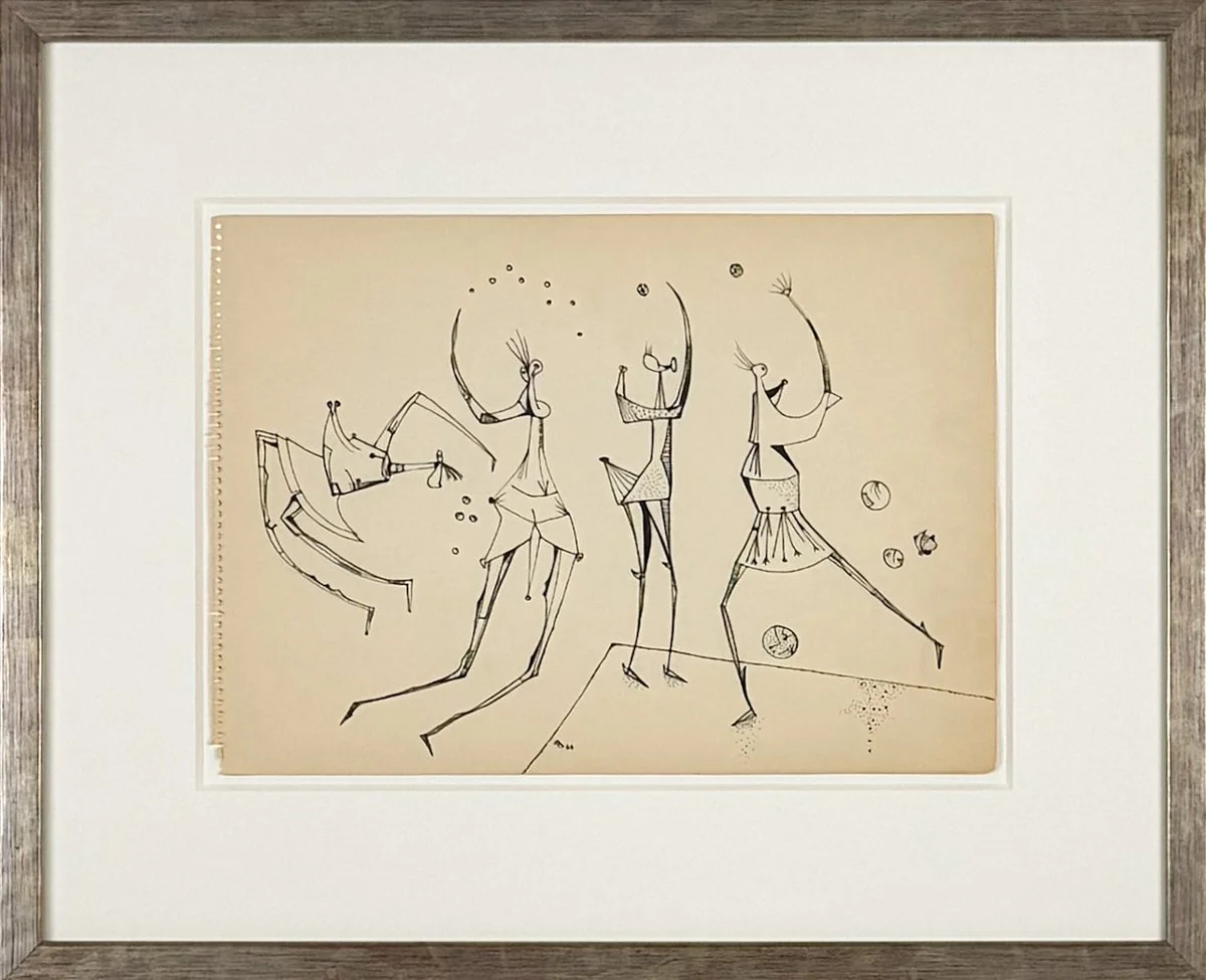 black and white drawings of four abstract forms  moving by Desmond Morris framed