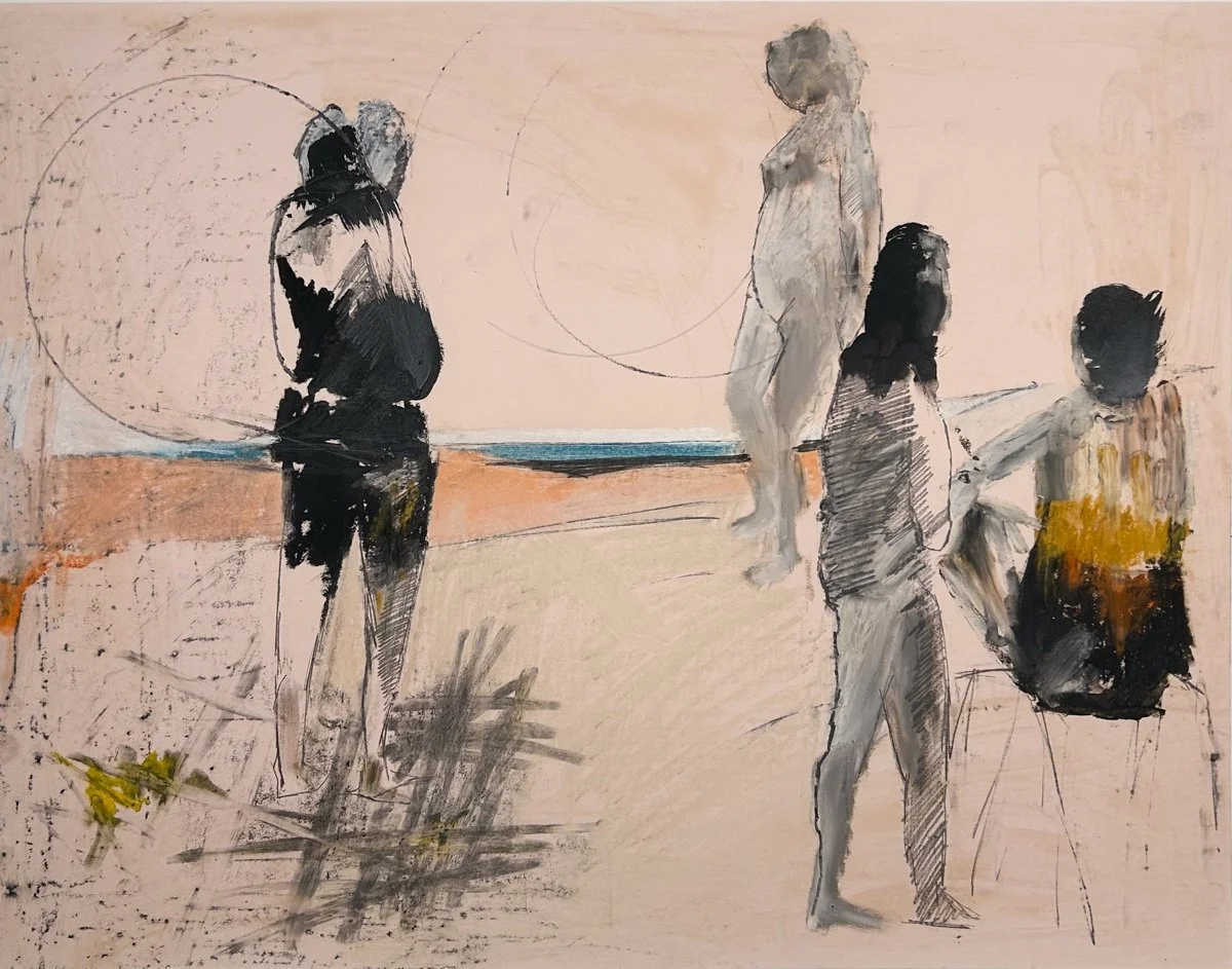 Stanley Boxer Untitled Figure Study (28D-59) abstract figure study of women on a beach in mixed media on pale pink paper