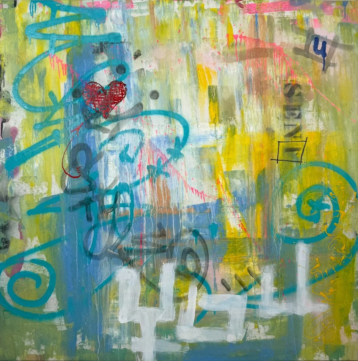 Sen-1 I Know You, abstract graffiti style painting on canvas in blues and greens and yellow with accents of pink and a small red heart and layered words