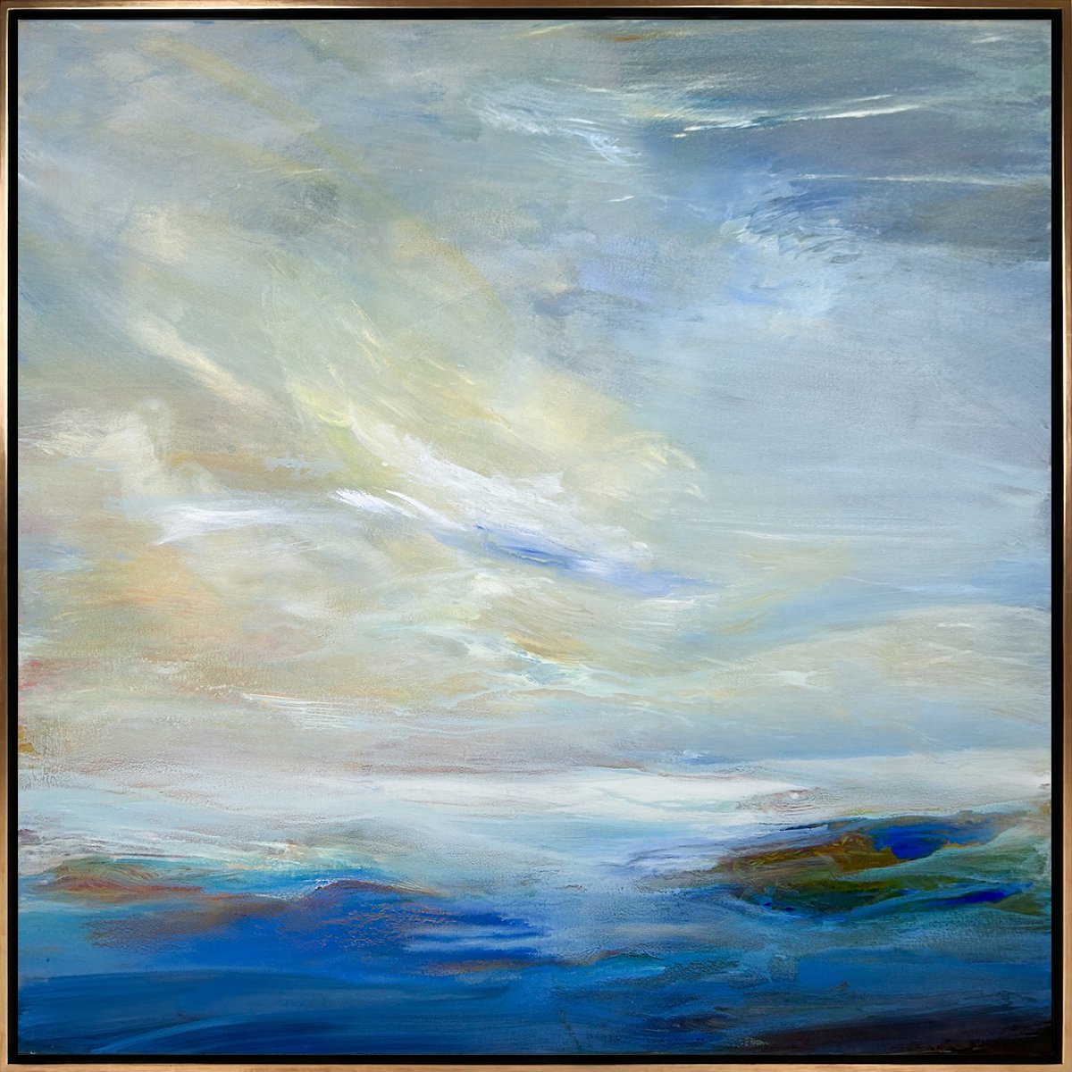 Kathy Buist The View from Here, Abstract seascape painting with soft colors, layered brushstrokes, and atmospheric forms.